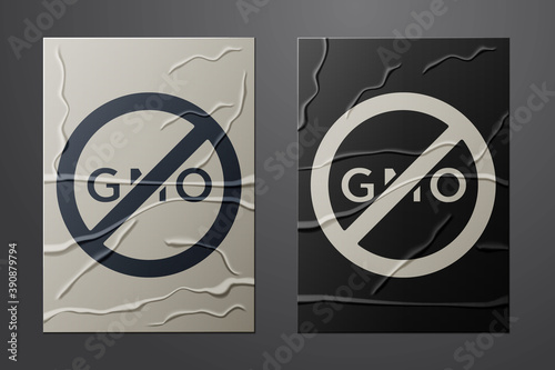 White No GMO icon isolated on crumpled paper background. Genetically modified organism acronym. Dna food modification. Paper art style. Vector.