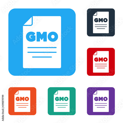 White GMO icon isolated on white background. Genetically modified organism acronym. Dna food modification. Set icons in color square buttons. Vector.