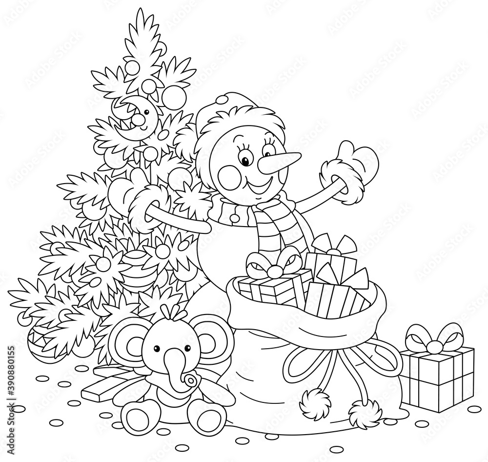 Naklejka premium Friendly smiling funny snowman with a decorated Christmas tree and big bag of holiday gifts for little kids, black and white outline vector cartoon illustration