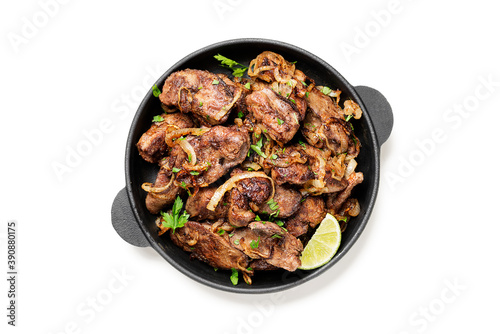 Fried chicken liver with onions and herbs. top view .isolated on white background