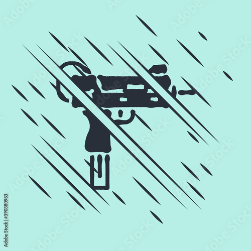 Black UZI submachine gun icon isolated on green background. Automatic weapon. Glitch style. Vector.