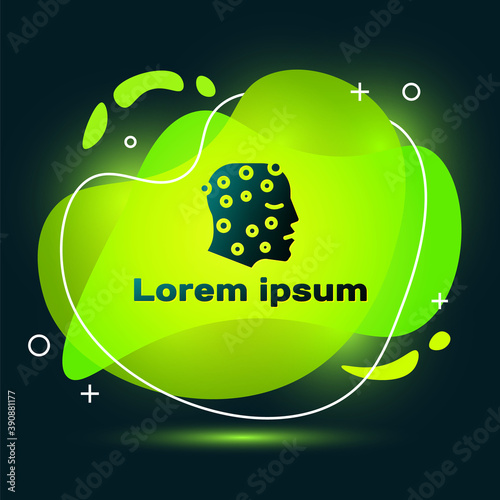 Black Face with psoriasis or eczema rash icon isolated on black background. Concept of human skin response to allergen or chronic body problem. Abstract banner with liquid shapes. Vector.