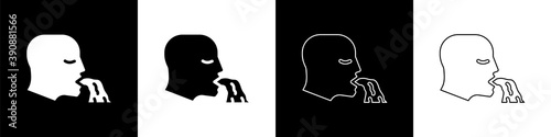 Set Vomiting man icon isolated on black and white background. Symptom of disease, problem with health. Nausea, food poisoning, alcohol poisoning concept. Vector.