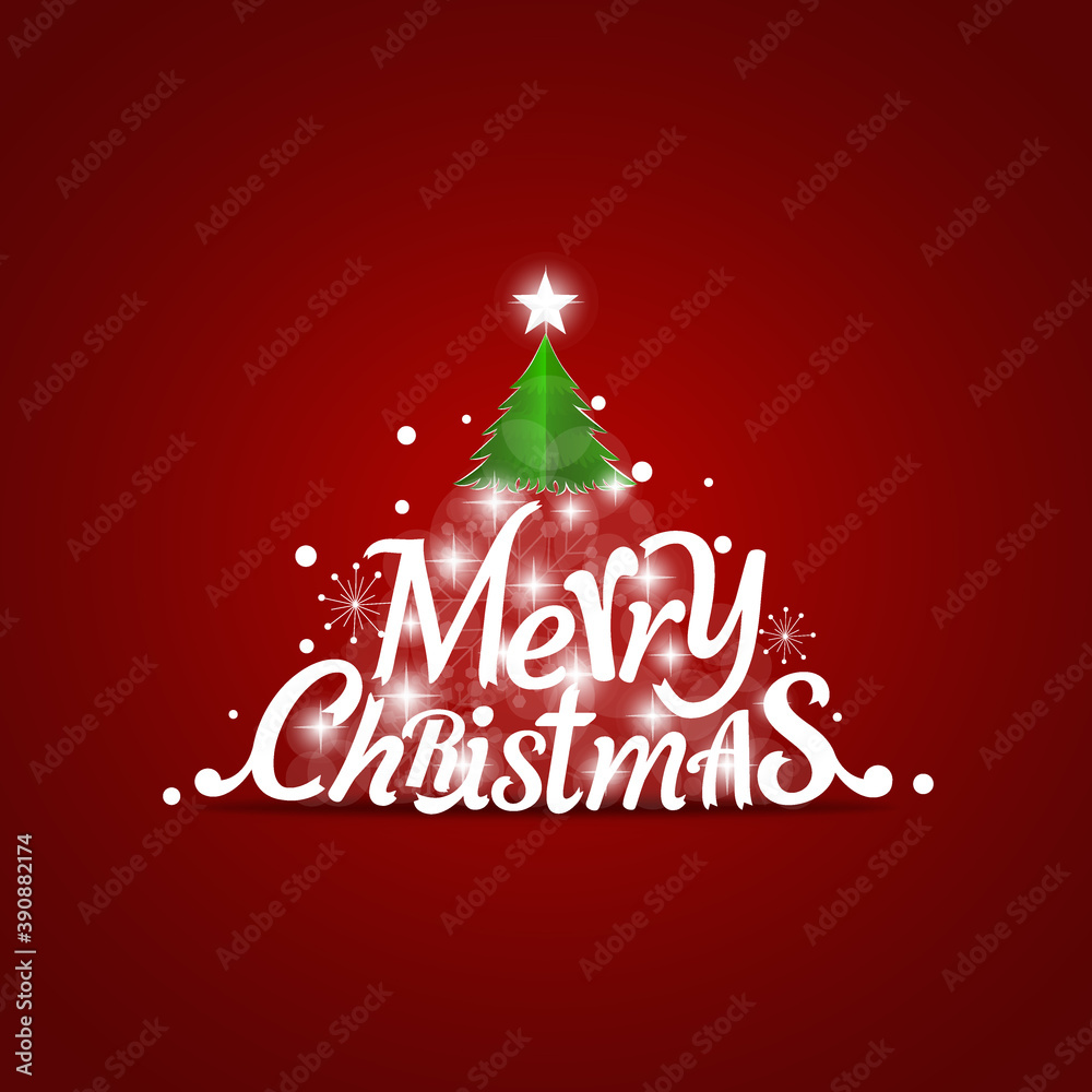 Christmas Greeting Card. Merry Christmas lettering with Christmas tree, vector illustration.