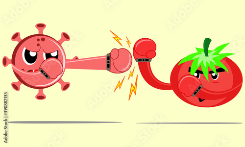 Illustration vector graphic cartoon character of tomato parry blows from virus