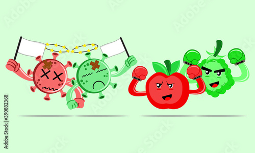 Illustration vector graphic cartoon character of apples and grapes beat the viruses in boxing matches