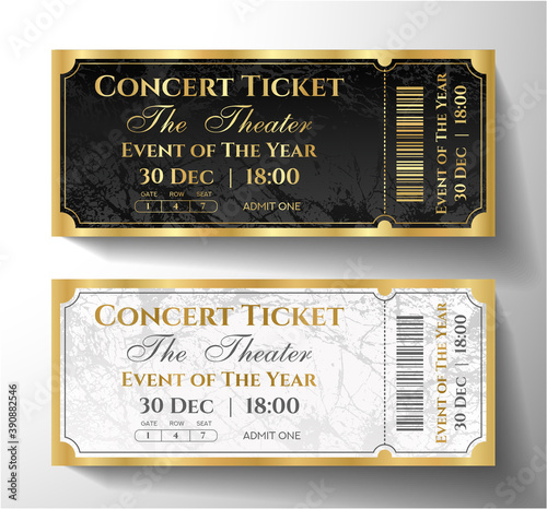 Premium black, gold, silver ticket template design. Luxury background with golden frame and abstract pattern. Useful for VIP invite on party, theater, event or entertainment show