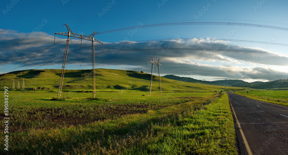 Russia. South Of Western Siberia. Republic Of Khakassia. Picturesque horizons of endless steppes along the highway between the villages of Shira and Uzhur. Russia. South Of Western Siberia. Republic Of Khakassia. Picturesque horizons of endless steppes along the highway between the villages of Shira and Uzhur.