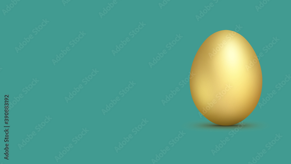 3D-rendering. Golden egg from gold is represented on a turquoise (azure background) on the right. 3D-rendering. Golden egg from gold is represented on a turquoise (azure background) on the right.