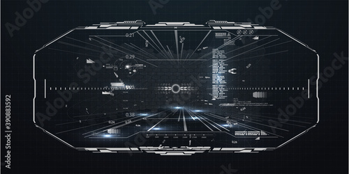 Control panel dashboard in the interior of the spaceship. Virtual reality racing game screen interface template. Volumetric space of VR with Head-up display design in HUD style.  High tech gui screen 