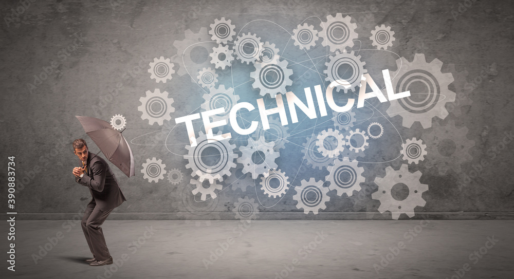 Businessman defending with umbrella from TECHNICAL inscription, technology concept Businessman defending with umbrella from TECHNICAL inscription, technology concept