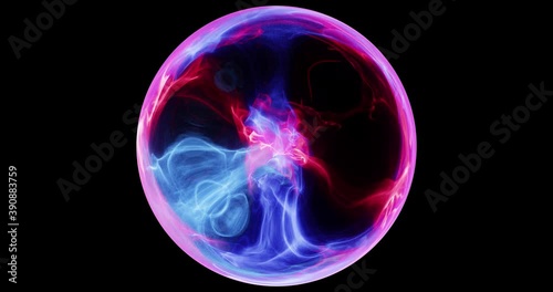 Abstract energy orb motion graphic. colorful sphere with swirling smoke effect within. energy and plasma dancing around glass container. 3D render, 4K loop