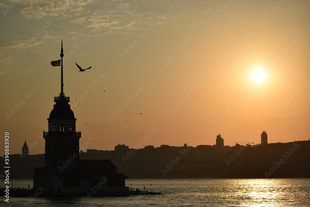 sunset over the Istanbul Bosphorus Maiden Tower Uskudar