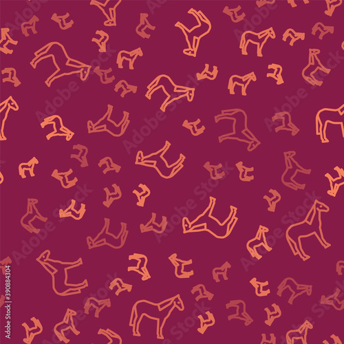 Brown line Horse icon isolated seamless pattern on red background. Animal symbol. Vector.