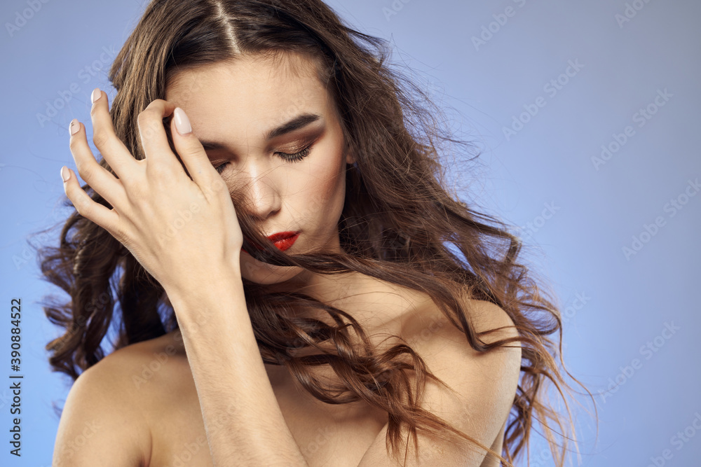 Woman fashionable hairstyle bared shoulders attractive view luxury model student