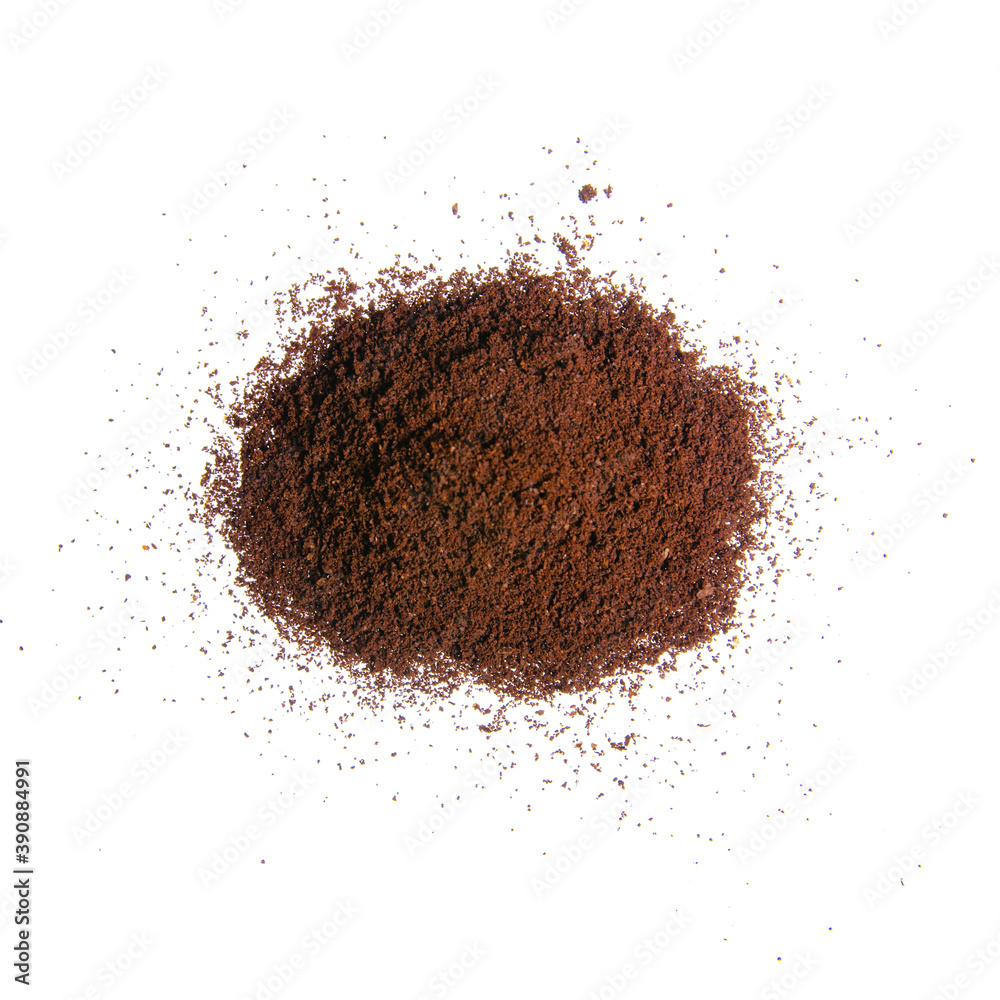 Pile ground coffee on white background isolated, top view Pile ground coffee on white background isolated, top view
