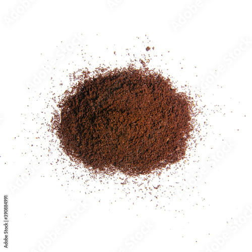 Pile ground coffee on white background isolated, top view