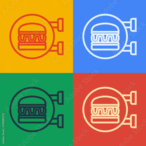 Pop art line Online ordering and burger delivery icon isolated on color background. Vector.