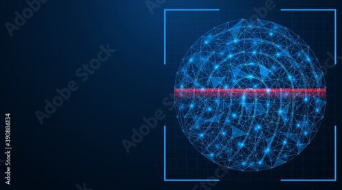 Fingerprint scanner. Electronic protection system for a digital device. A polygonal network of concatenated lines and points. Blue background.