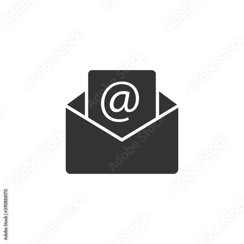 Open envelope black icon. Email silhouette outline sign. Business communication concept. Message black symbol. Vector illustration isolated on white. photo