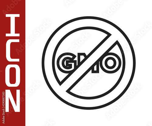 Black line No GMO icon isolated on white background. Genetically modified organism acronym. Dna food modification. Vector.