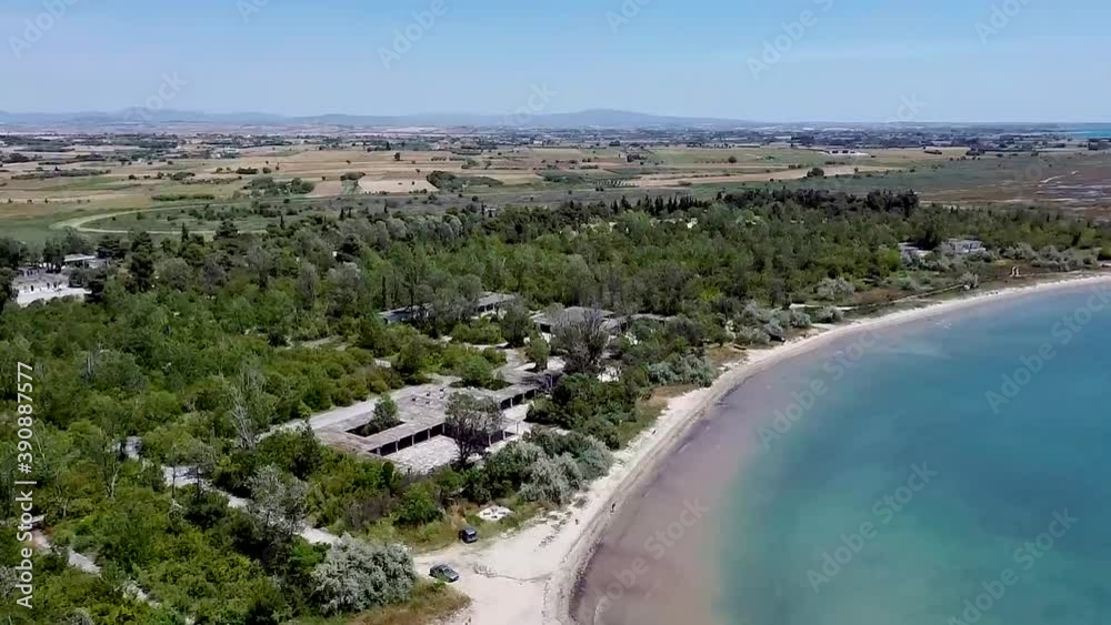 Aerial view of idyllic beach in the area of Thessaloniki, Greece, downward movement by drone Aerial view of idyllic beach in the area of Thessaloniki, Greece, downward movement by drone