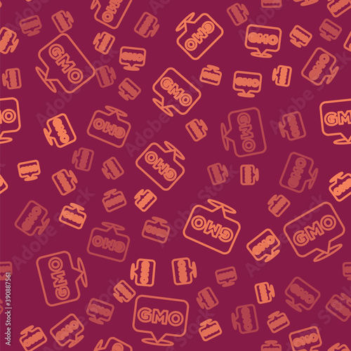Brown line GMO icon isolated seamless pattern on red background. Genetically modified organism acronym. Dna food modification. Vector.