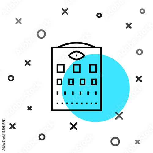 Black line Eye test chart icon isolated on white background. Poster for vision testing in ophthalmic study. Snellen chart. Random dynamic shapes. Vector.