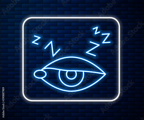 Glowing neon line Insomnia icon isolated on brick wall background. Sleep disorder with capillaries and pupils. Fatigue and stress. Vector.