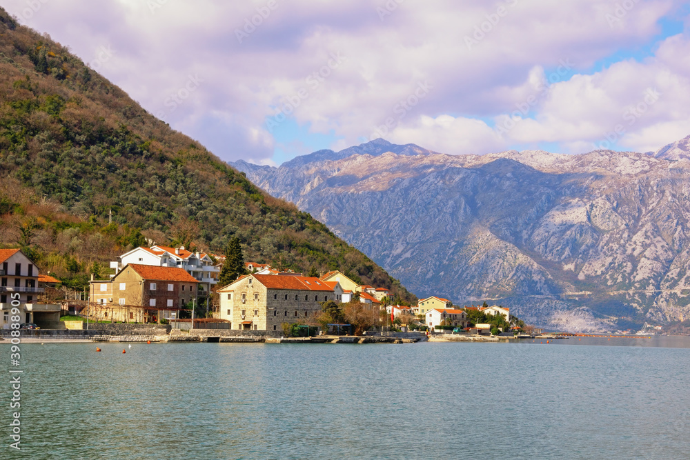Beautiful winter Mediterranean landscape. Montenegro, view of  Bay of Kotor ( Adriatic Sea ) and seaside village of Stoliv