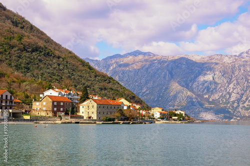 Beautiful winter Mediterranean landscape. Montenegro, view of Bay of Kotor ( Adriatic Sea ) and seaside village of Stoliv