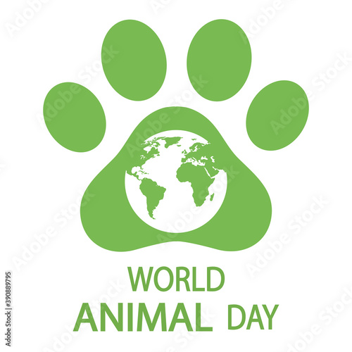 World Animal Day Poster, October 4 with green Planet Earth with paw icon, environment symbol.