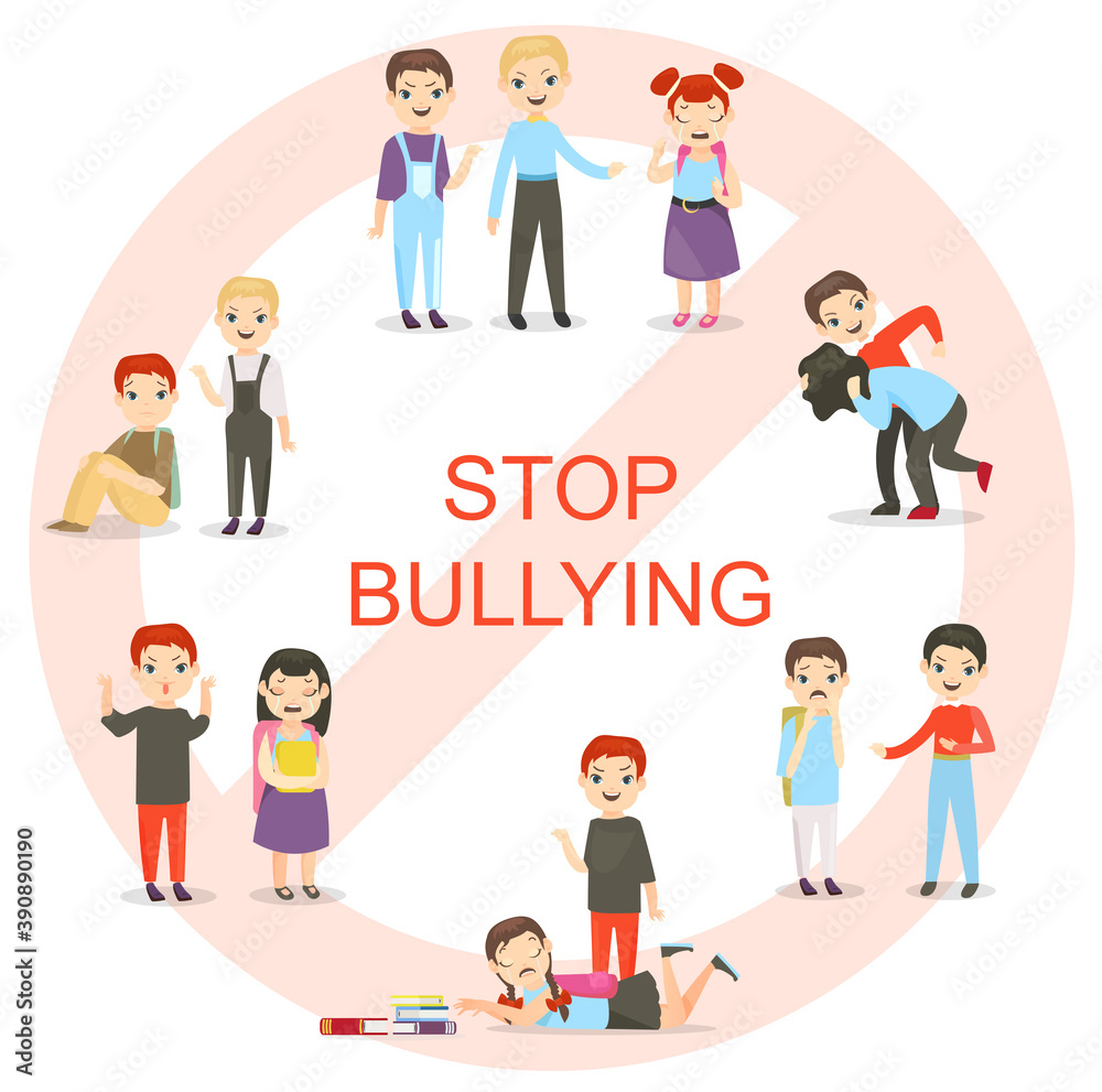 Vector illustration of kids bullying set. Collection of aggressive school children conflicts in flat style. Feminism, schoolchildren, teasing boy and crying girl cartoon characters. Vector illustration of kids bullying set. Collection of aggressive school children conflicts in flat style. Feminism, schoolchildren, teasing boy and crying girl cartoon characters.