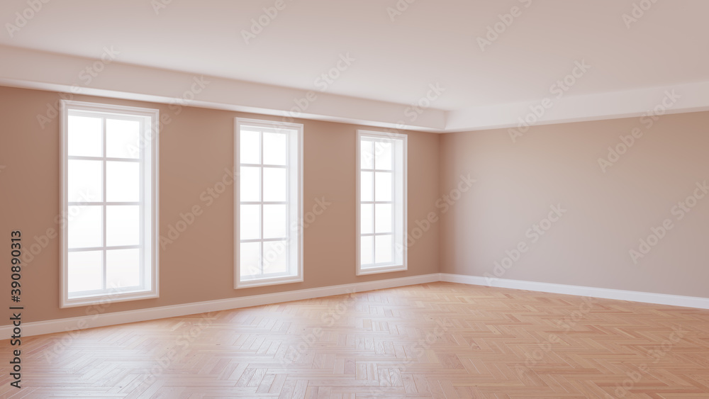 Fototapeta premium Beautiful Interior Corner with Beige Walls, Parquet Floor, Three White Large Windows, and White Plinth with Work Path on Windows. 3d render. Ultra HD 8K 7680x4320