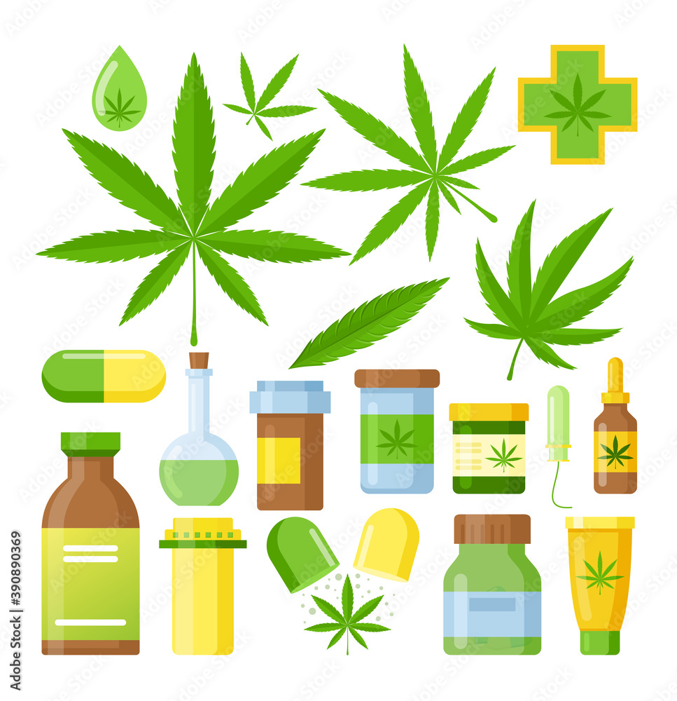 Cannabis medicine vector illustration. Cartoon flat medical marijuana set with hemp oil glass bottle, cannabis extracts in jar or plastic container, green natural cannabis leaf isolated on white. Cannabis medicine vector illustration. Cartoon flat medical marijuana set with hemp oil glass bottle, cannabis extracts in jar or plastic container, green natural cannabis leaf isolated on white.
