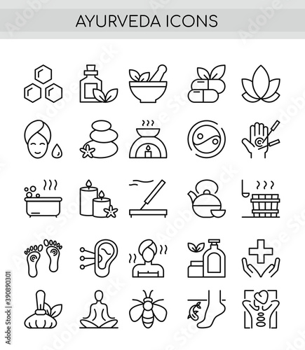 Ayurveda thin line icons set. Outline pictogram vector illustration, aroma therapy, ayurvedic collection with symbols of healthy alternative medicine,