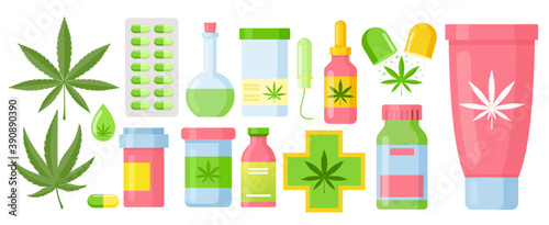 Cannabis medicine cartoon marijuana set with hemp oil glass bottle, cannabis extracts and leaves