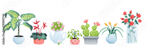 House plants for home garden vector illustration set, cartoon flat houseplant pots collection with natural flowerpots isolated on white