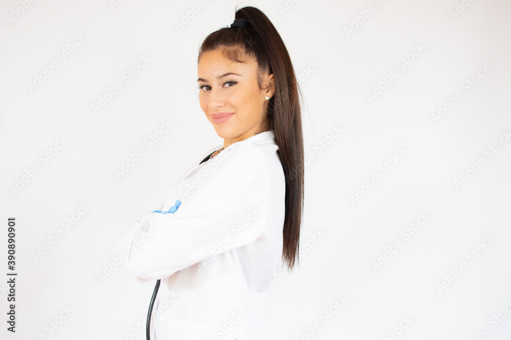 Woman in doctor uniform over white background. Woman in doctor uniform over white background.