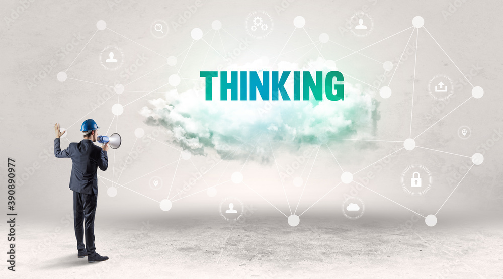 Fototapeta premium Engineer working on a social media concept with THINKING inscription