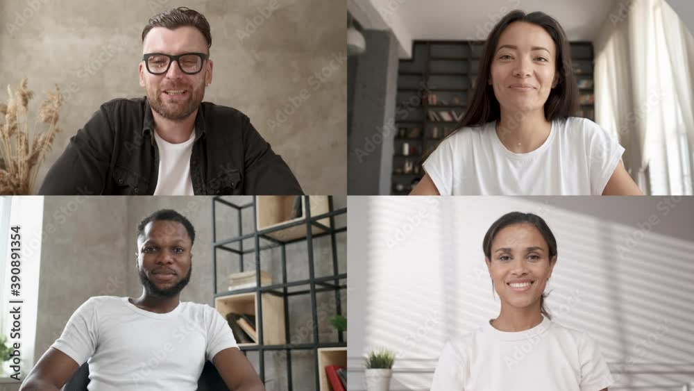 Discussing project online. Multi-ethnic group video call. Remote communication of happy multiracial young people. Working from home office during pandemic. Webcam view. Business chat conference