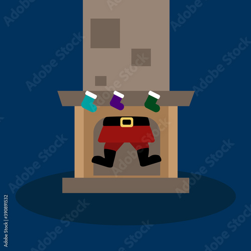 Christmas illustration. Santa, fireplace, holiday. Winter evening. Vector illustration.