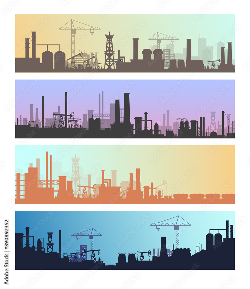 Manufacture industrial landscapes vector illustrations, cartoon flat urban refinery panorama skyline set, oil refinery industry silhouettes