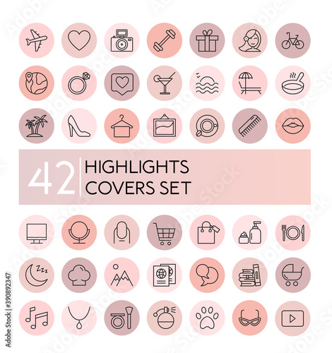 highlight vector illustration icons set. Social media collection of pink flat line covers for female account, blogger stories, lifestyle fashion elements, food and travel. photo