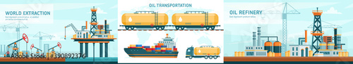 Oil gas industry technology flat vector illustrations with offshore crude extraction, transportation, refinery industrial production set