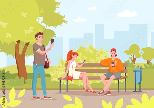 Summer city park with people, cartoon young friends sitting on bench in city park with smartphones