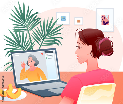 Video call, cartoon happy woman character making videocall chat conference with grandmother