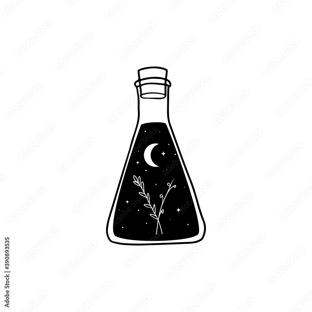 Modern magic witchcraft illustration with plants and moon in glass bottle on space background. Vector illustration Modern magic witchcraft illustration with plants and moon in glass bottle on space background. Vector illustration