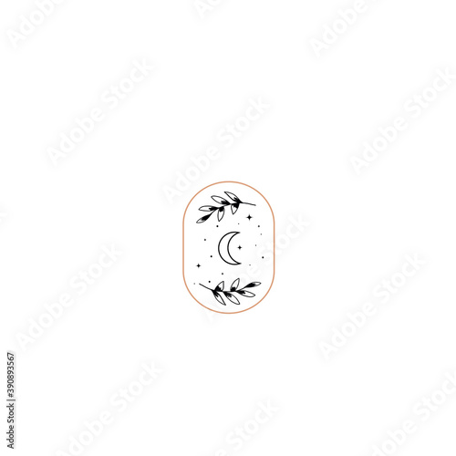 Fashion beauty moon logo template. Minamalism style moon logotype. Elegant moon logo with stars, leaves and planets. Elegant. Luxury.
