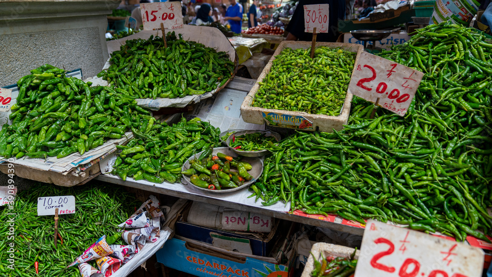 green chilli stall on the market, mauritius